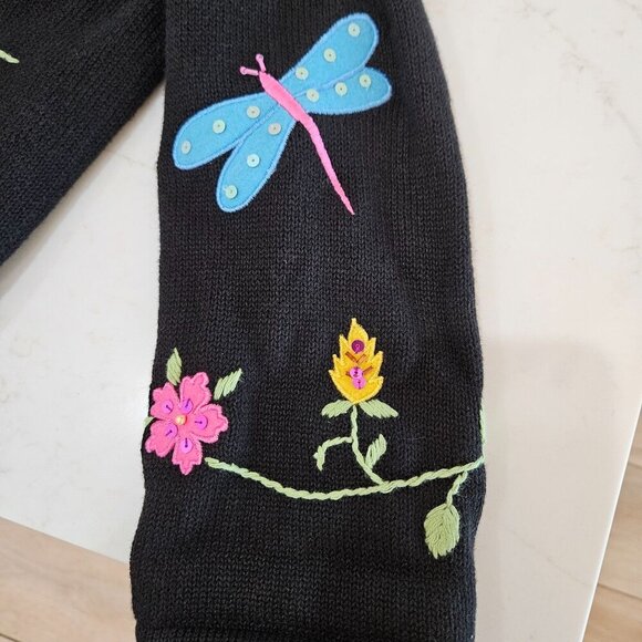 Morgan Cole Black Cardigan XL Vintage Embroidered Dragonflies Flowers - Picture 6 of 10